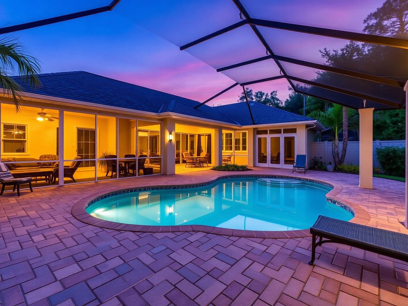 Screened pool deck and paver patio at dusk
