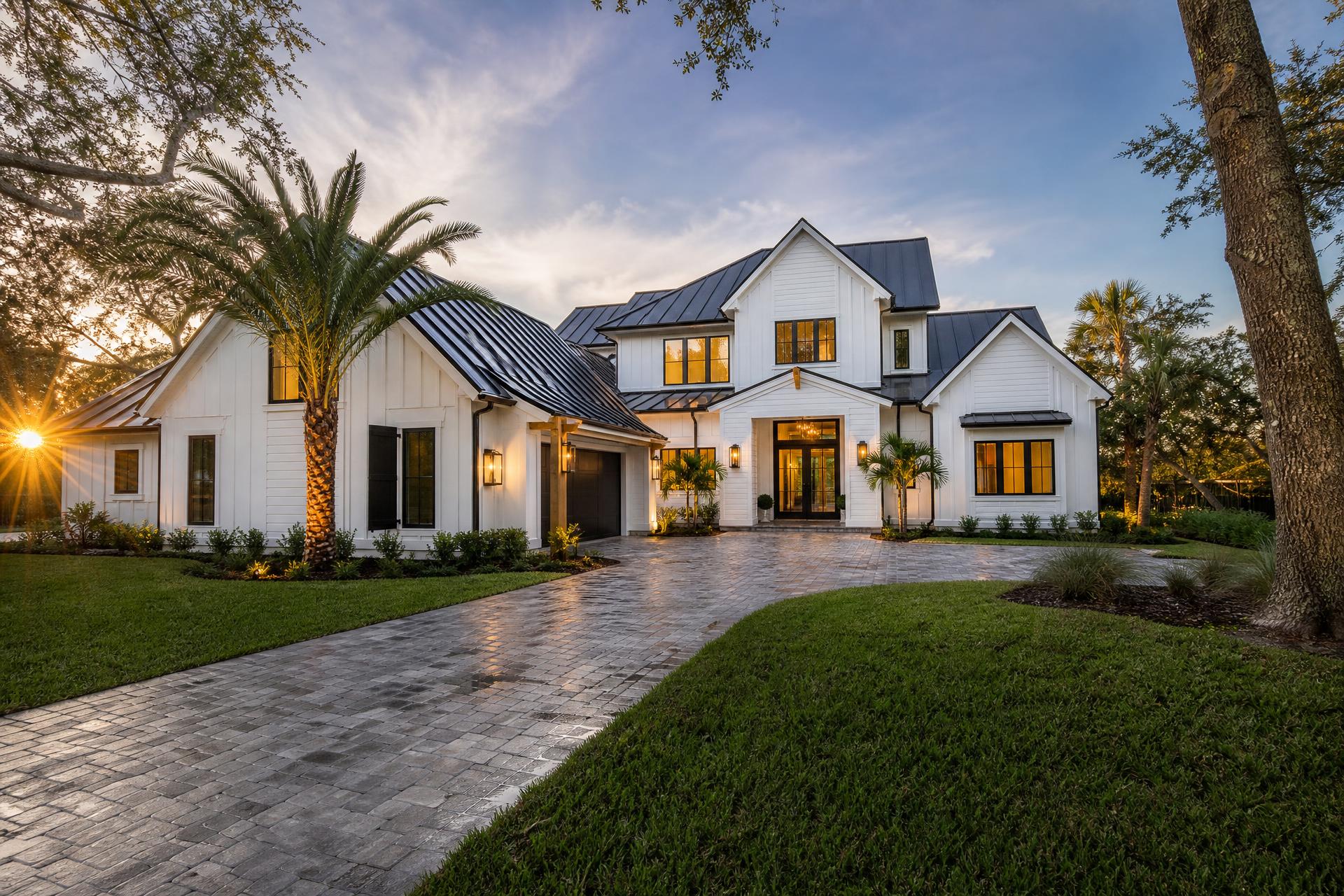 Completed custom home built by DA Construction in Central Florida at golden hour