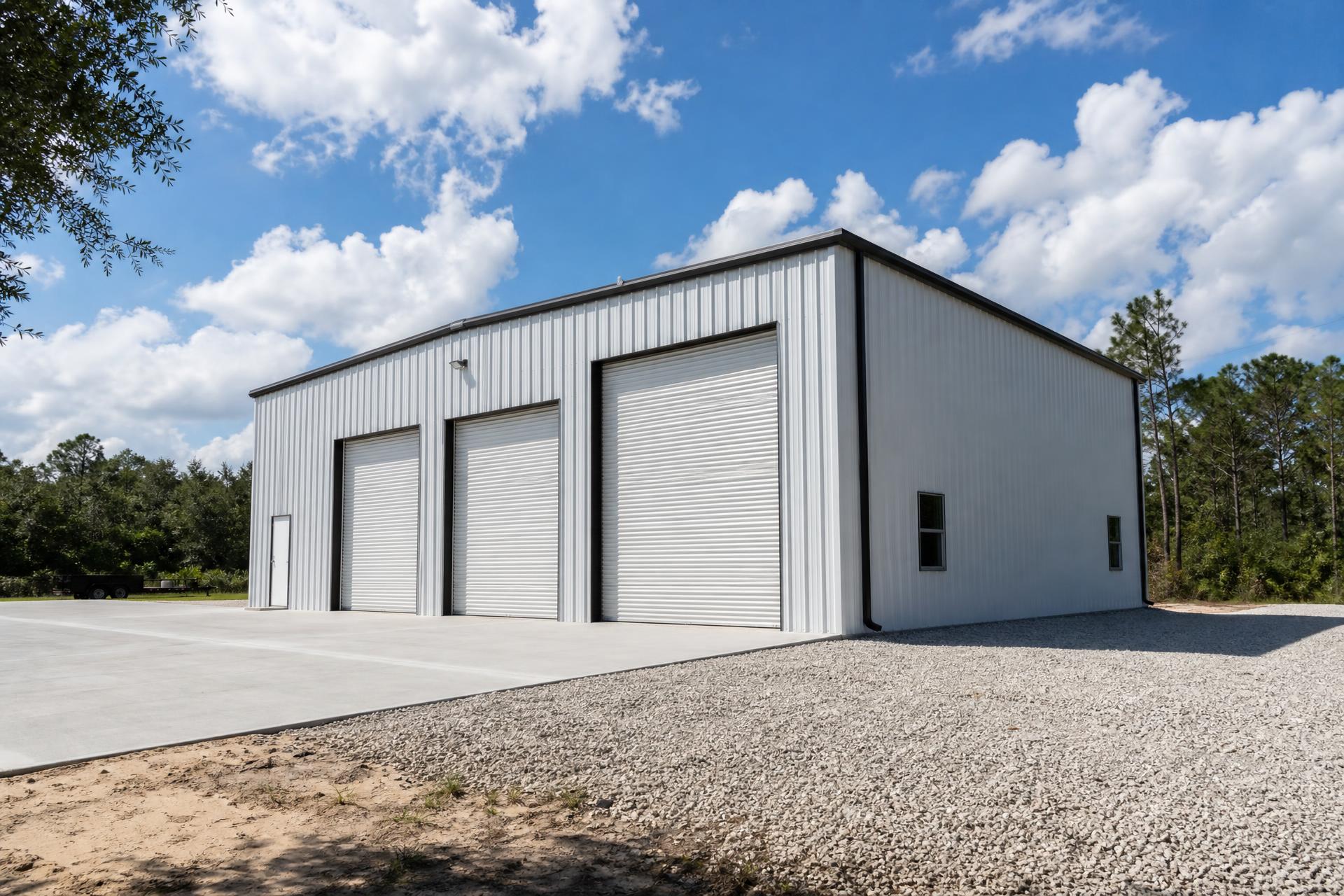 Completed white metal building with dark trim and concrete apron
