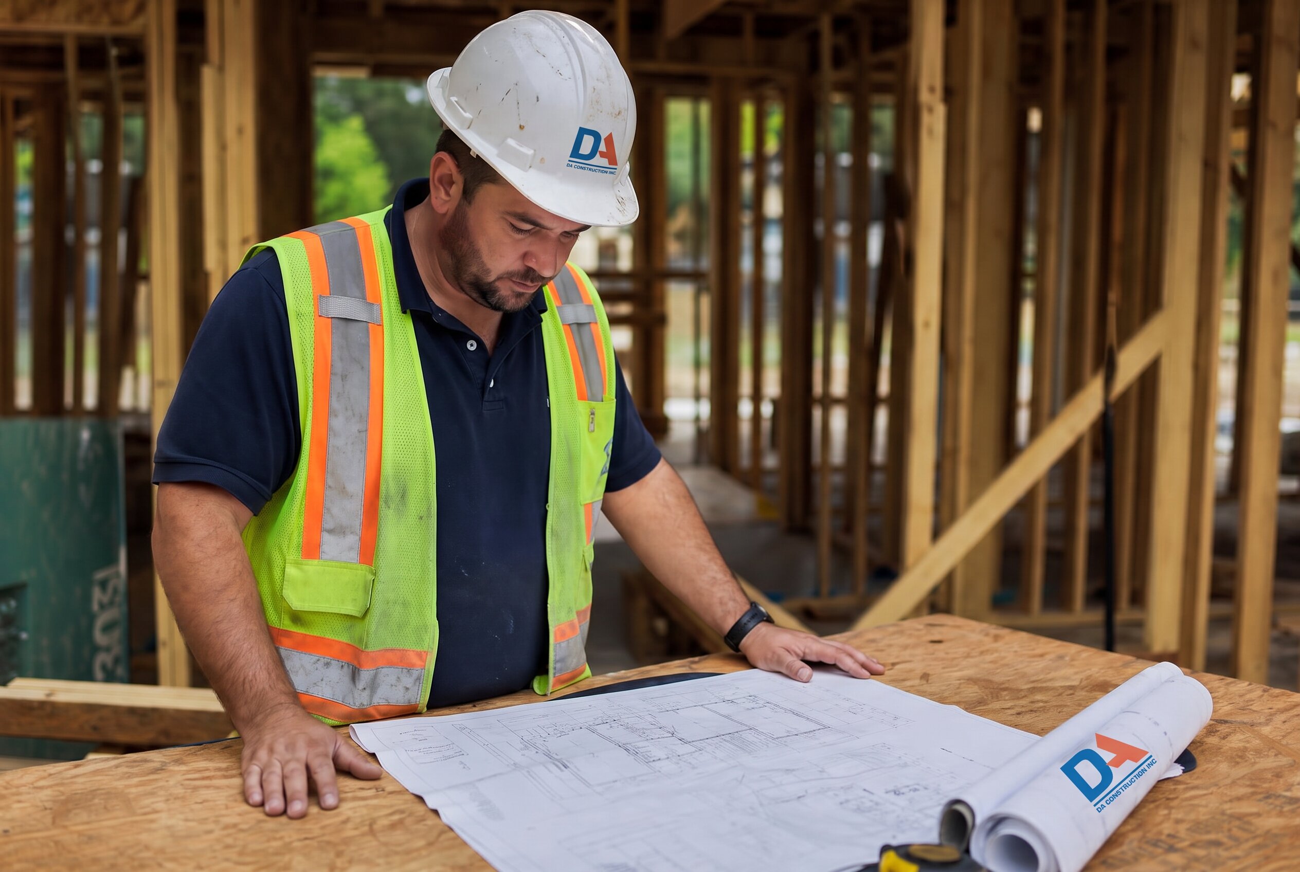 Project manager reviewing construction plans on site