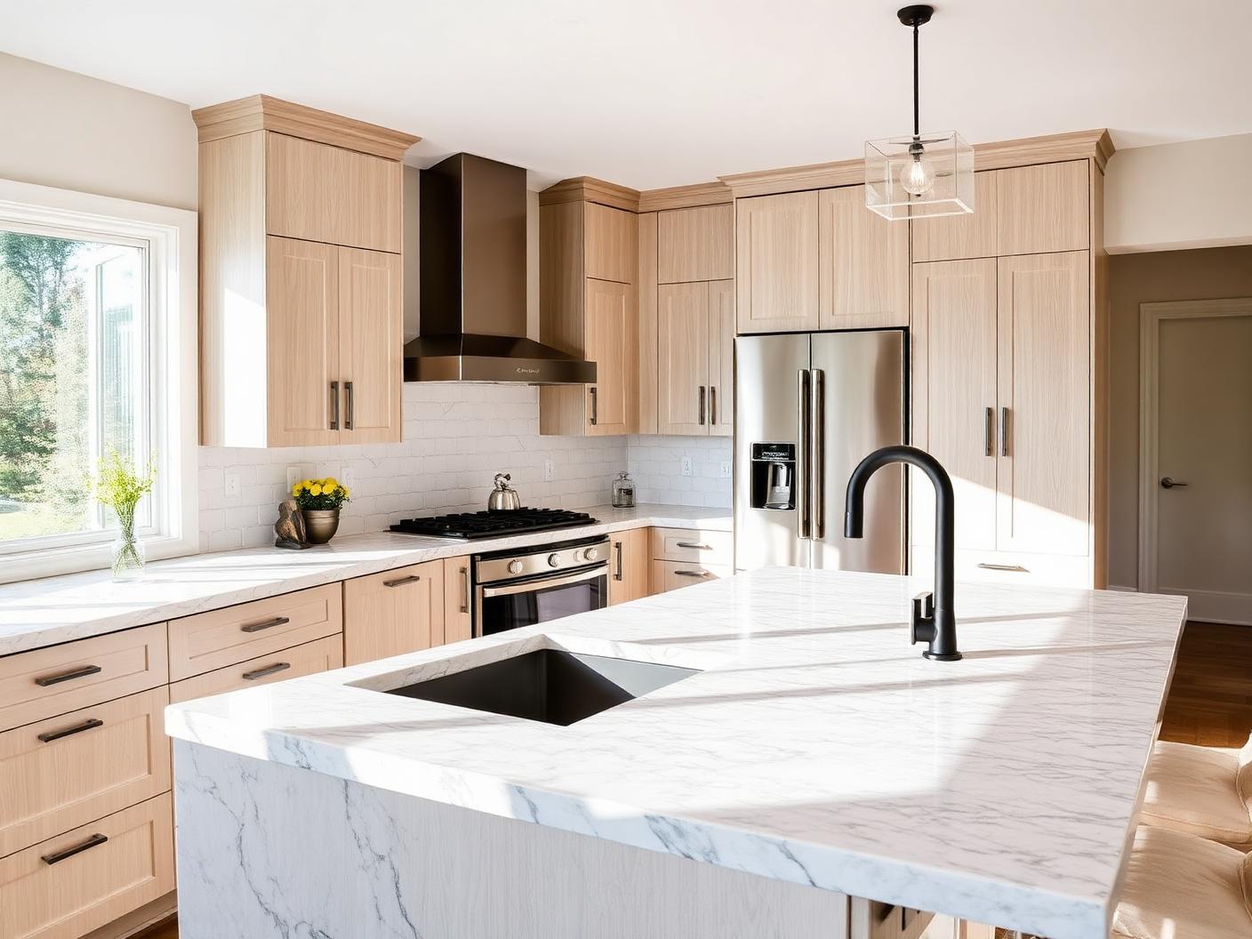 Renovated kitchen with white oak cabinets and stone island