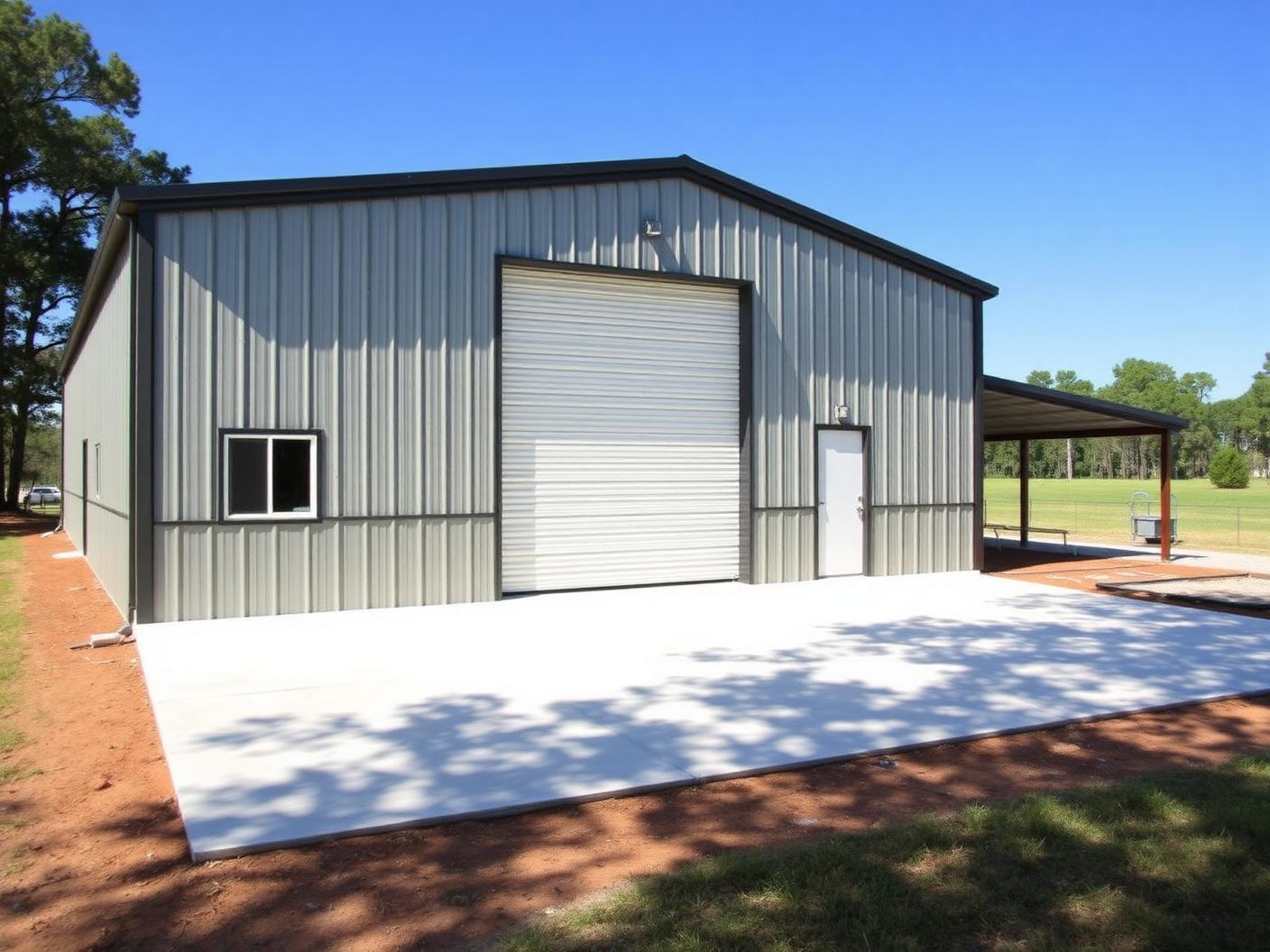 Completed metal workshop building with roll-up door